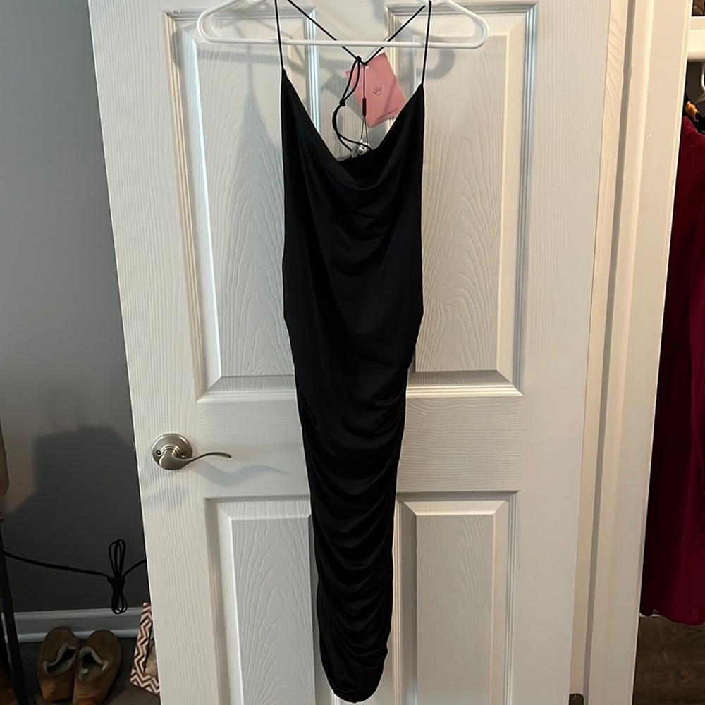 beautiful thick ruched black never worn hello molly midi wedding guest dress